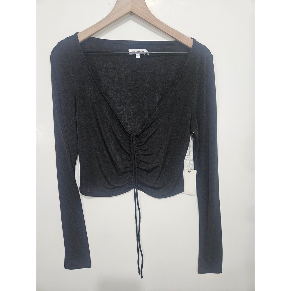 NWT Good American GSW0217 Ruched Crop Top 3 L Black Long Sleeve Drawstring